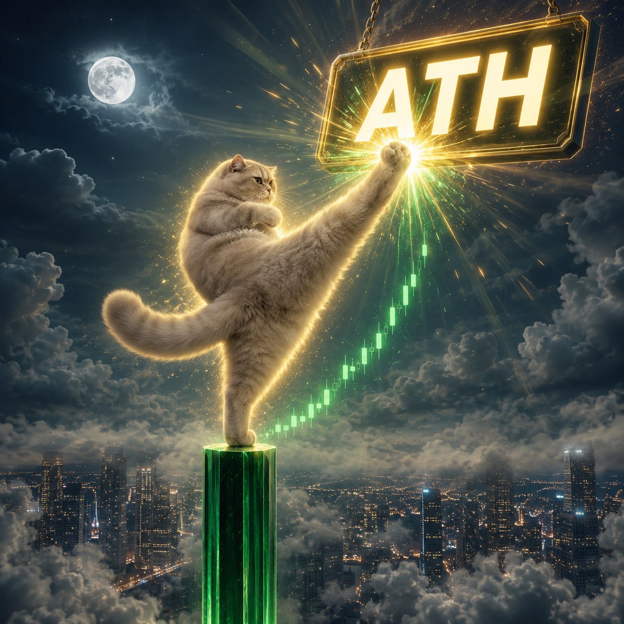 KAT kicking an ATH sign above a green candle and city